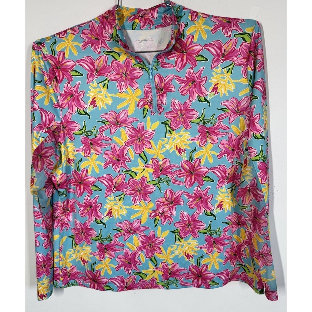 GOTTEX 1/4 Zip Tropical Floral Long Sleeve Sun Shirt Golf Tennis Womens XL Beach